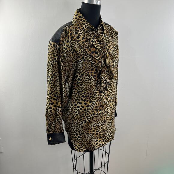 Vintage CACHE Brown Top Silk Leopard Ruffle Collar Leather Button-Up Sz M Medium - Picture 5 of 8